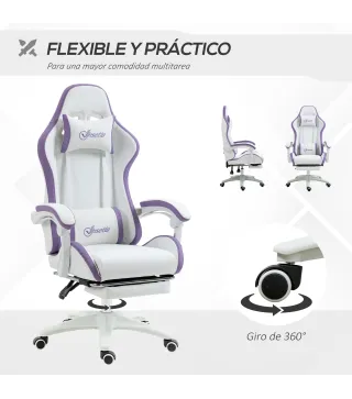 Silla Gaming Silla Gamer de Cuero PU Altura Ajustable Reclinable 135° Reposacabezas y Reposapiés 65x65x121-129 cm Blanco