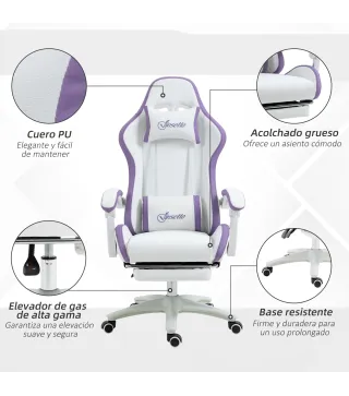 Silla Gaming Silla Gamer de Cuero PU Altura Ajustable Reclinable 135° Reposacabezas y Reposapiés 65x65x121-129 cm Blanco