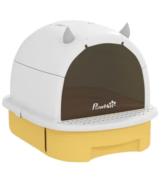 Arenero Cerrado para Gatos con Bandeja Extraíble Filtro de Carbono Pala y Asa Superior 40,5x52x39 cm Amarillo y Blanco