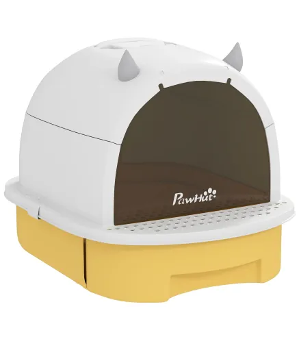 Arenero Cerrado para Gatos con Bandeja Extraíble Filtro de Carbono Pala y Asa Superior 40,5x52x39 cm Amarillo y Blanco