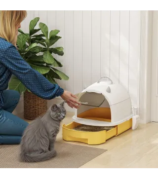 Arenero Cerrado para Gatos con Bandeja Extraíble Filtro de Carbono Pala y Asa Superior 40,5x52x39 cm Amarillo y Blanco