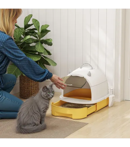Arenero Cerrado para Gatos con Bandeja Extraíble Filtro de Carbono Pala y Asa Superior 40,5x52x39 cm Amarillo y Blanco