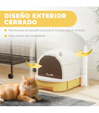 Arenero Cerrado para Gatos con Bandeja Extraíble Filtro de Carbono Pala y Asa Superior 40,5x52x39 cm Amarillo y Blanco