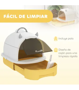 Arenero Cerrado para Gatos con Bandeja Extraíble Filtro de Carbono Pala y Asa Superior 40,5x52x39 cm Amarillo y Blanco