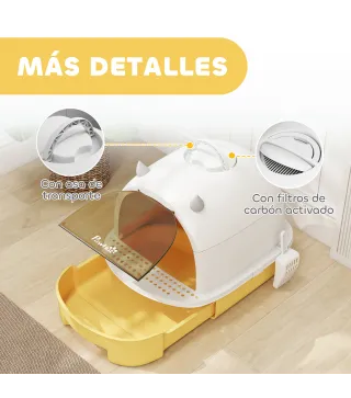 Arenero Cerrado para Gatos con Bandeja Extraíble Filtro de Carbono Pala y Asa Superior 40,5x52x39 cm Amarillo y Blanco