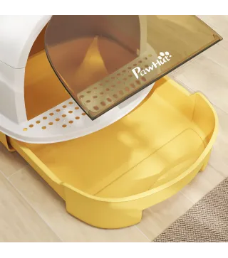 Arenero Cerrado para Gatos con Bandeja Extraíble Filtro de Carbono Pala y Asa Superior 40,5x52x39 cm Amarillo y Blanco