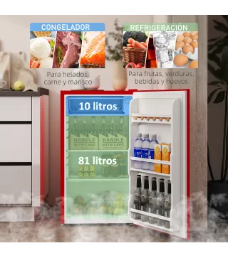 Nevera Pequeña con Congelador 91L Silenciosa Puerta Reversible Temperatura Regulable y Estantes Ajustables Rojo