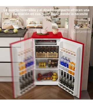 Nevera Pequeña con Congelador 91L Silenciosa Puerta Reversible Temperatura Regulable y Estantes Ajustables Rojo