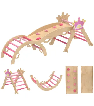 8 en 1 Triángulo de Escalada de Madera Estructura de Escalada Montessori Tema de Corona con Arco y Rampa Rosa