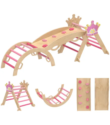 8 en 1 Triángulo de Escalada de Madera Estructura de Escalada Montessori Tema de Corona con Arco y Rampa Rosa