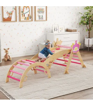 8 en 1 Triángulo de Escalada de Madera Estructura de Escalada Montessori Tema de Corona con Arco y Rampa Rosa
