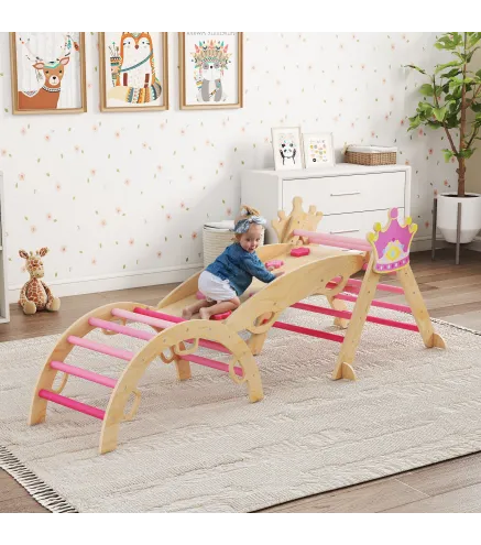 8 en 1 Triángulo de Escalada de Madera Estructura de Escalada Montessori Tema de Corona con Arco y Rampa Rosa