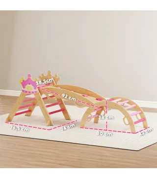 8 en 1 Triángulo de Escalada de Madera Estructura de Escalada Montessori Tema de Corona con Arco y Rampa Rosa