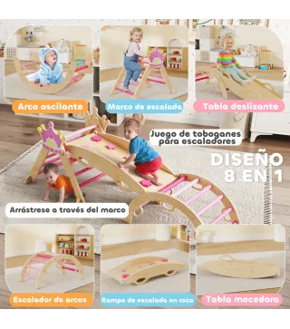 8 en 1 Triángulo de Escalada de Madera Estructura de Escalada Montessori Tema de Corona con Arco y Rampa Rosa