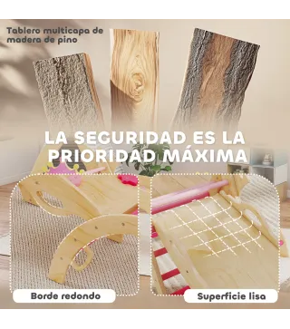 8 en 1 Triángulo de Escalada de Madera Estructura de Escalada Montessori Tema de Corona con Arco y Rampa Rosa