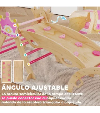 8 en 1 Triángulo de Escalada de Madera Estructura de Escalada Montessori Tema de Corona con Arco y Rampa Rosa