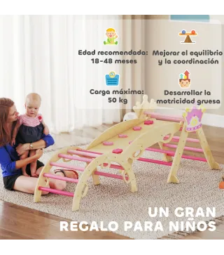8 en 1 Triángulo de Escalada de Madera Estructura de Escalada Montessori Tema de Corona con Arco y Rampa Rosa