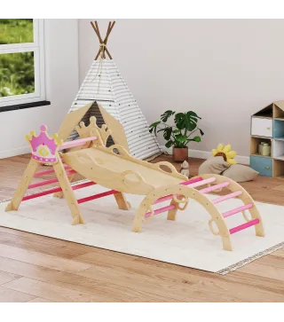 8 en 1 Triángulo de Escalada de Madera Estructura de Escalada Montessori Tema de Corona con Arco y Rampa Rosa