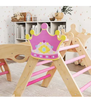 8 en 1 Triángulo de Escalada de Madera Estructura de Escalada Montessori Tema de Corona con Arco y Rampa Rosa