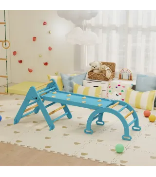 7 en 1 Triángulo de Escalada Montessori de Madera Plegable con Arco y Rampa para Niños de 18-48 Meses 188x70 cm Azul