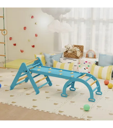 7 en 1 Triángulo de Escalada Montessori de Madera Plegable con Arco y Rampa para Niños de 18-48 Meses 188x70 cm Azul