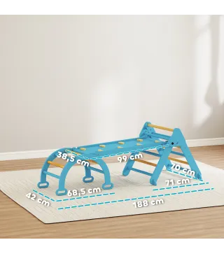 7 en 1 Triángulo de Escalada Montessori de Madera Plegable con Arco y Rampa para Niños de 18-48 Meses 188x70 cm Azul