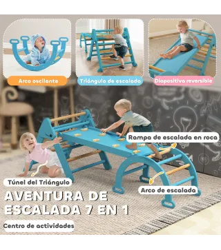 7 en 1 Triángulo de Escalada Montessori de Madera Plegable con Arco y Rampa para Niños de 18-48 Meses 188x70 cm Azul