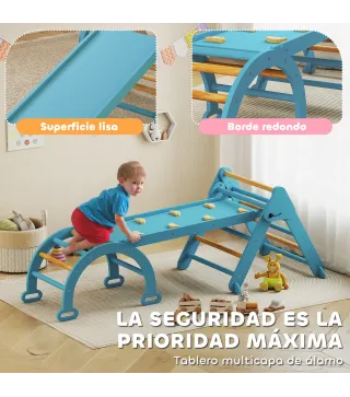 7 en 1 Triángulo de Escalada Montessori de Madera Plegable con Arco y Rampa para Niños de 18-48 Meses 188x70 cm Azul