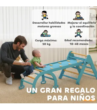 7 en 1 Triángulo de Escalada Montessori de Madera Plegable con Arco y Rampa para Niños de 18-48 Meses 188x70 cm Azul