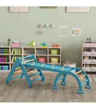 7 en 1 Triángulo de Escalada Montessori de Madera Plegable con Arco y Rampa para Niños de 18-48 Meses 188x70 cm Azul