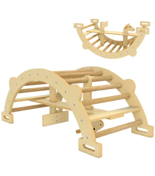 2 en 1 Arco de Escalada de Madera y Caballito Balancín Estructura de Escalada Montessori para Niños de 2-4 Años Natural