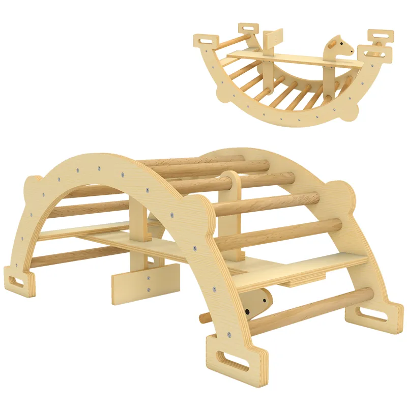 2 en 1 Arco de Escalada de Madera y Caballito Balancín Estructura de Escalada Montessori para Niños de 2-4 Años Natural
