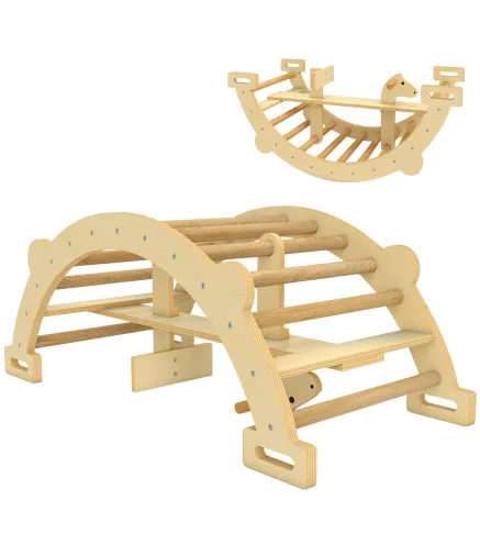 2 en 1 Arco de Escalada de Madera y Caballito Balancín Estructura de Escalada Montessori para Niños de 2-4 Años Natural
