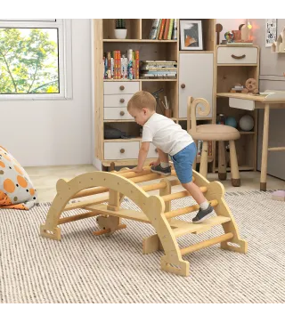 2 en 1 Arco de Escalada de Madera y Caballito Balancín Estructura de Escalada Montessori para Niños de 2-4 Años Natural
