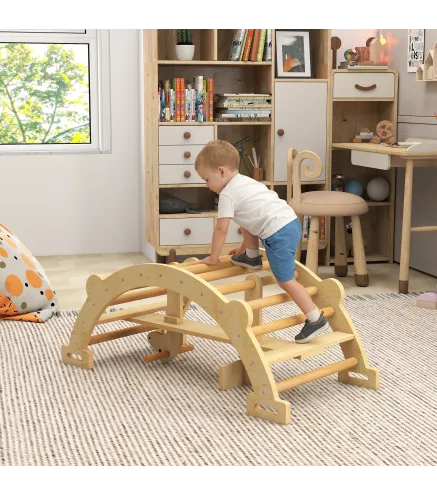 2 en 1 Arco de Escalada de Madera y Caballito Balancín Estructura de Escalada Montessori para Niños de 2-4 Años Natural
