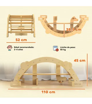 2 en 1 Arco de Escalada de Madera y Caballito Balancín Estructura de Escalada Montessori para Niños de 2-4 Años Natural