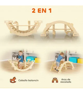 2 en 1 Arco de Escalada de Madera y Caballito Balancín Estructura de Escalada Montessori para Niños de 2-4 Años Natural