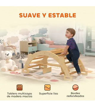 2 en 1 Arco de Escalada de Madera y Caballito Balancín Estructura de Escalada Montessori para Niños de 2-4 Años Natural