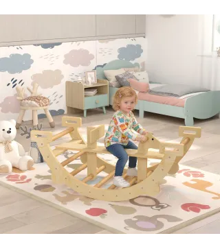 2 en 1 Arco de Escalada de Madera y Caballito Balancín Estructura de Escalada Montessori para Niños de 2-4 Años Natural