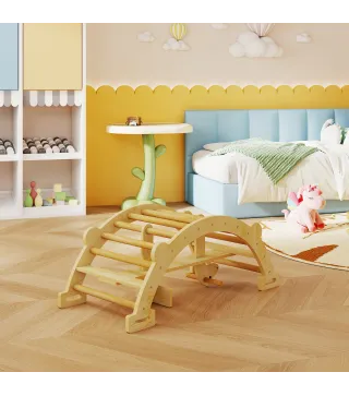 2 en 1 Arco de Escalada de Madera y Caballito Balancín Estructura de Escalada Montessori para Niños de 2-4 Años Natural