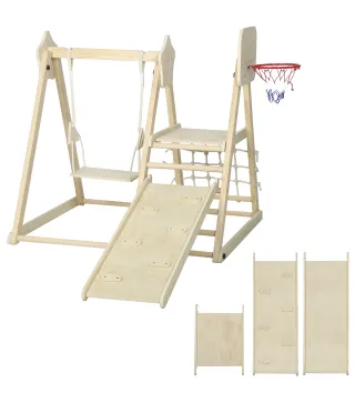 Tobogán Infantil 5 en 1 Estructura de Escalada con Tobogán Columpio Aro de Baloncesto Tabla Red de Escalada Natural