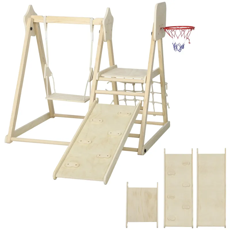 Tobogán Infantil 5 en 1 Estructura de Escalada con Tobogán Columpio Aro de Baloncesto Tabla Red de Escalada Natural