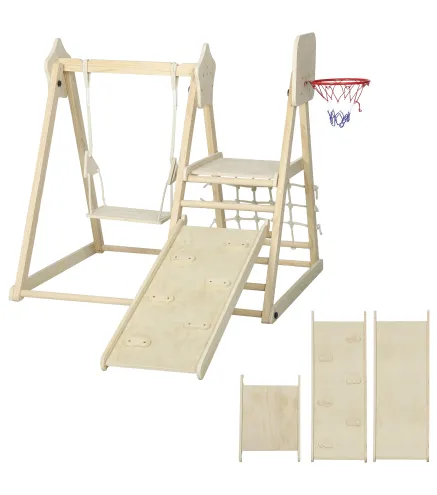 Tobogán Infantil 5 en 1 Estructura de Escalada con Tobogán Columpio Aro de Baloncesto Tabla Red de Escalada Natural