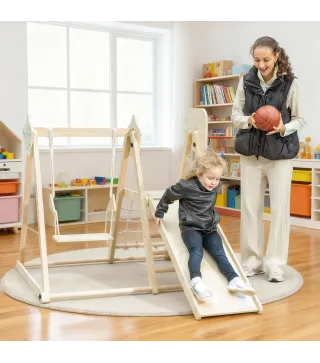 Tobogán Infantil 5 en 1 Estructura de Escalada con Tobogán Columpio Aro de Baloncesto Tabla Red de Escalada Natural