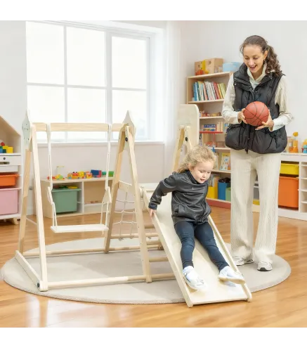 Tobogán Infantil 5 en 1 Estructura de Escalada con Tobogán Columpio Aro de Baloncesto Tabla Red de Escalada Natural