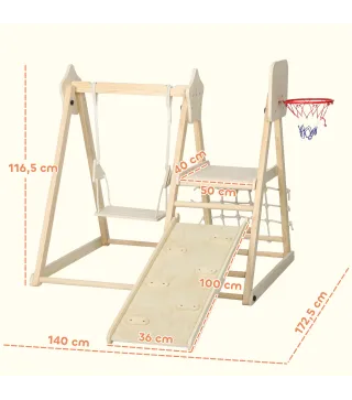 Tobogán Infantil 5 en 1 Estructura de Escalada con Tobogán Columpio Aro de Baloncesto Tabla Red de Escalada Natural