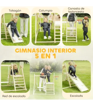 Tobogán Infantil 5 en 1 Estructura de Escalada con Tobogán Columpio Aro de Baloncesto Tabla Red de Escalada Natural
