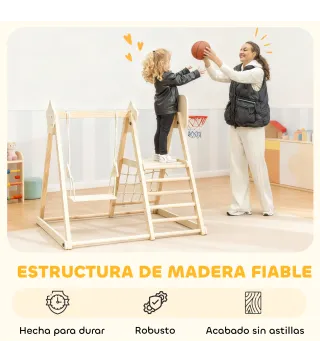 Tobogán Infantil 5 en 1 Estructura de Escalada con Tobogán Columpio Aro de Baloncesto Tabla Red de Escalada Natural