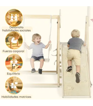 Tobogán Infantil 5 en 1 Estructura de Escalada con Tobogán Columpio Aro de Baloncesto Tabla Red de Escalada Natural