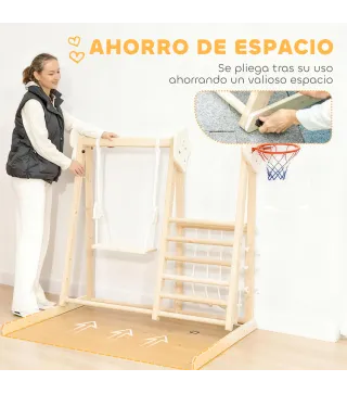 Tobogán Infantil 5 en 1 Estructura de Escalada con Tobogán Columpio Aro de Baloncesto Tabla Red de Escalada Natural